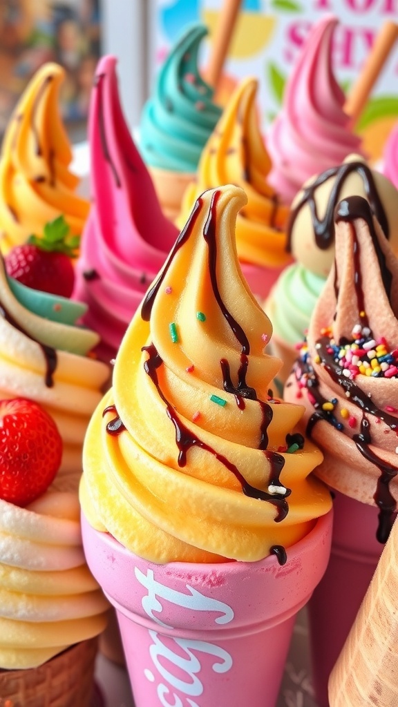 Artistic ice cream creations with colorful scoops, fruits, and chocolate drizzle.